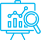 Data analysis icon with chart and magnifying glass.
